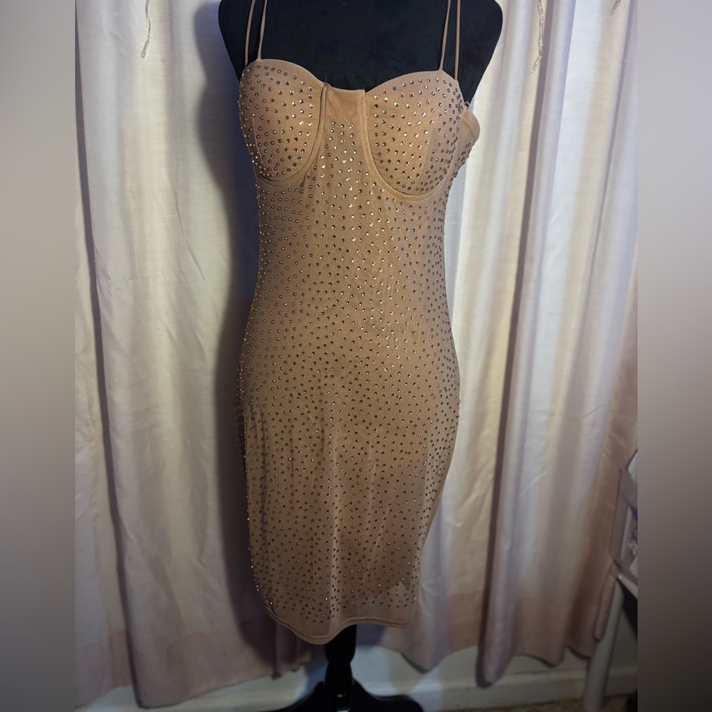 Sexy Nude Dress with rhinestones! Perfect condition, stretchy and fitted!🤎 - Picture 3 of 11